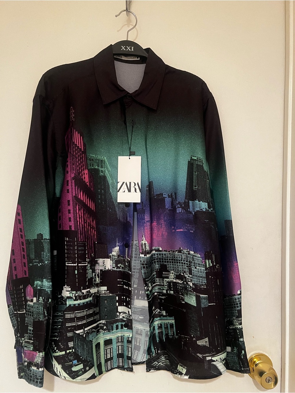 ZARA Black Shirt Jacket with Green and Purple Cityscape Print